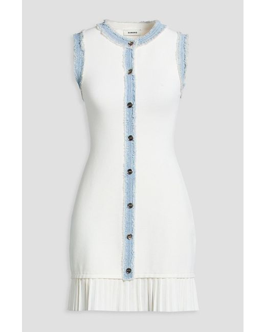 Sandro White Denim-trimmed Stretch-knit Mini Dress