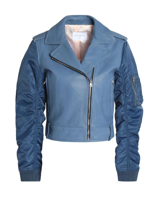 Sandro Ruched Shell-paneled Leather Biker Jacket Light Blue