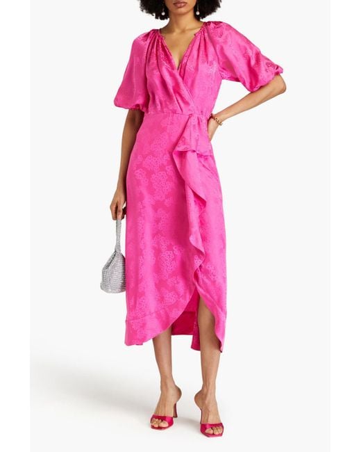 Saloni Pink Olivia midikleid aus glänzendem seiden-jacquard mit wickeleffekt