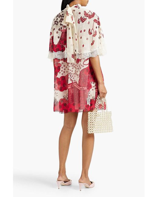 RED Valentino Red Lace-trimmed Printed Chiffon Mini Dress