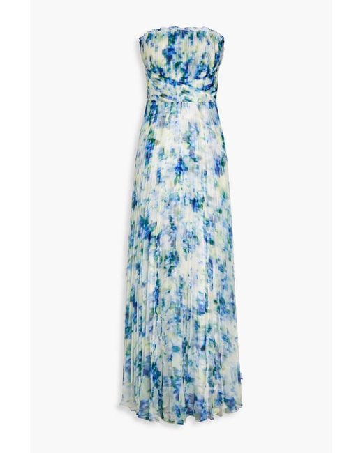 THEIA Blue Ingrid Strapless Pleated Printed Organza Gown