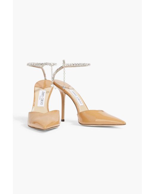 Jimmy Choo Brown Saeda 100 Crystal-Embellished Patent-Leather Pumps