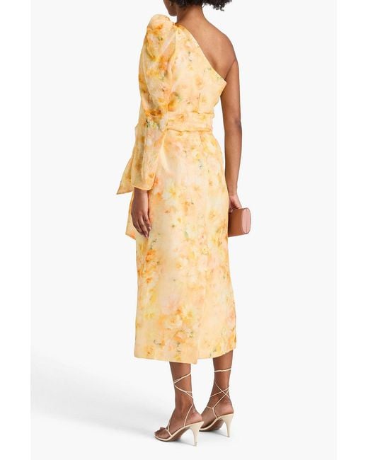 Zimmermann Metallic One-Shoulder Floral-Print Linen And Silk-Blend Gauze Midi Dress