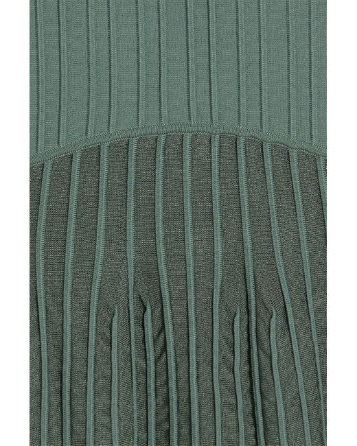 Hervé Léger Green Mesh-paneled Ribbed-knit Turtleneck Midi Dress