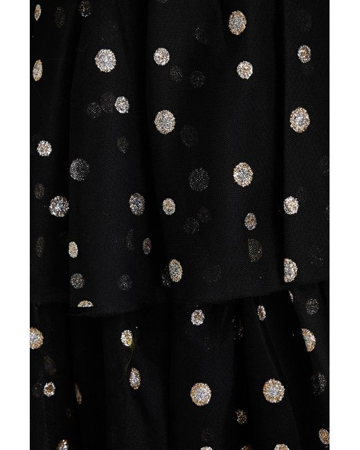 ML Monique Lhuillier Black Tiered Glittered Polka-dot Tulle Gown