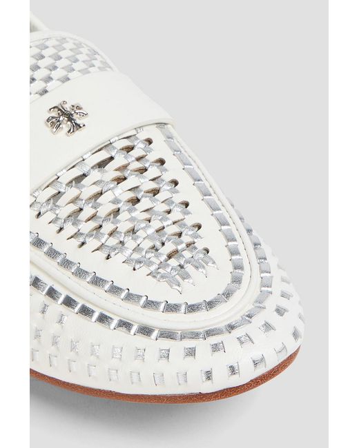 Tory Burch White Logo-embellished Metallic Woven Leather Loafers