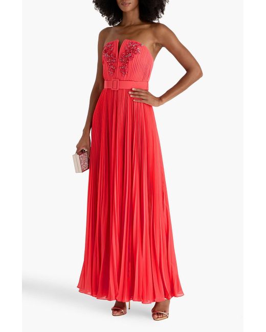Badgley Mischka Red Strapless Embellished Pleated Chiffon Gown