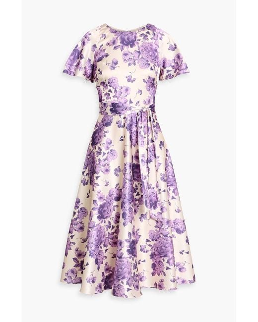 Mikael Aghal Purple Floral-Print Satin Midi Dress