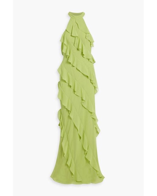 Mikael Aghal Green Ruffled Chiffon Gown