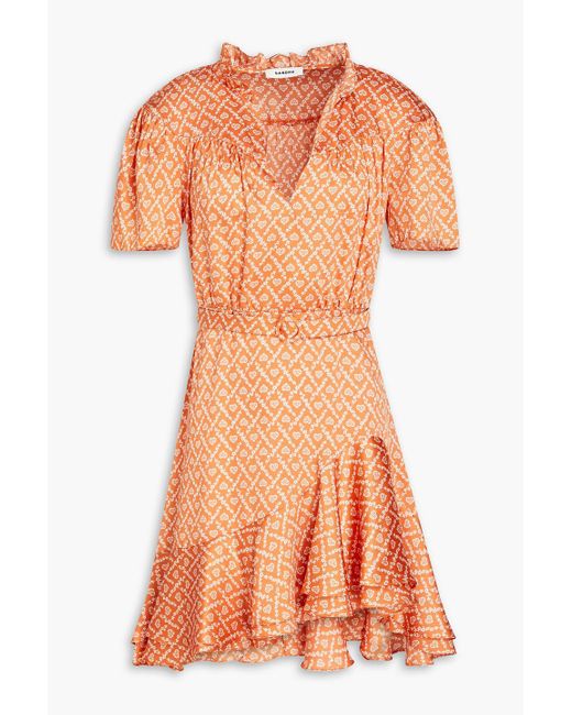 Sandro Orange Suzen Ruffled Printed Satin-twill Mini Dress