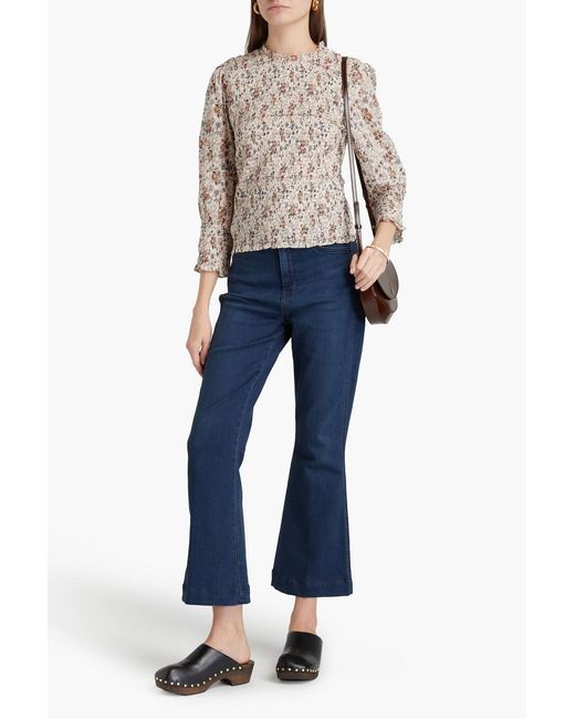 Veronica Beard Natural Kali Ruffled Floral-print Cotton Top