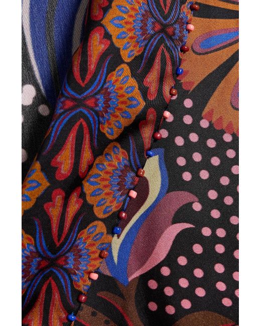 Farm Rio Blue Asymmetric Printed Satin Midi Wrap Dress