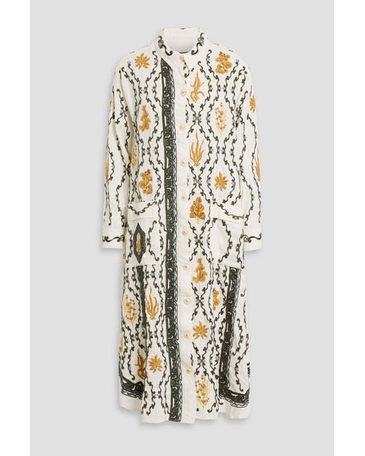 Agua Bendita White Frida Calado Embroidered Linen Midi Shirt Dress