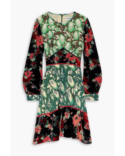 Rixo Green Edith Floral-print Silk Crepe De Chine And Devoré-velvet Mini Dress