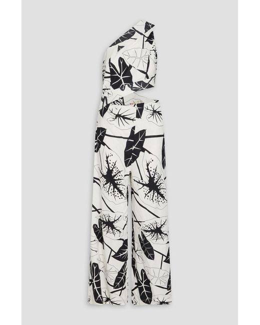 Farm Rio White One-shoulder Cutout Printed Linen-blend Wide-leg Jumpsuit