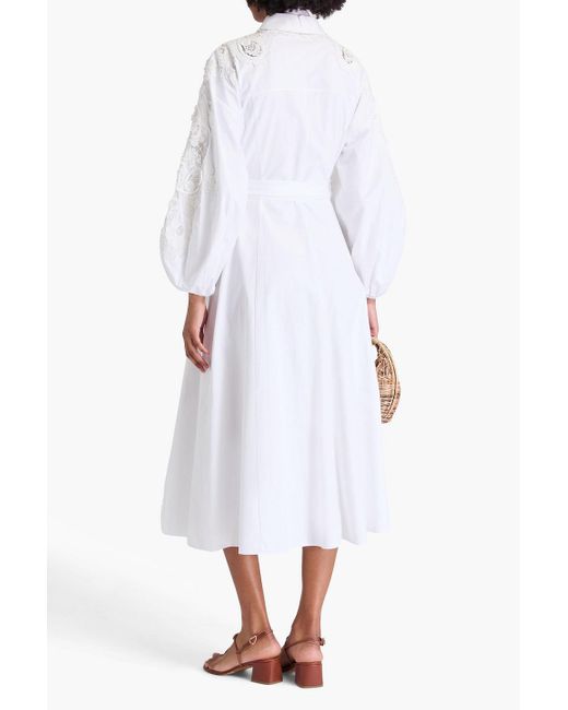 Carolina Herrera White Lace-trimmed Cotton-twill Midi Shirt Dress