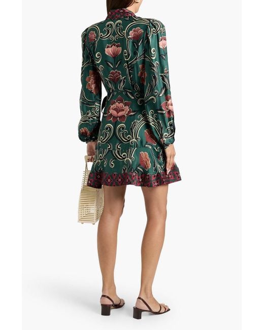 Farm Rio Green Bead-Embellished Floral-Print Crepe De Chine Mini Wrap Dress