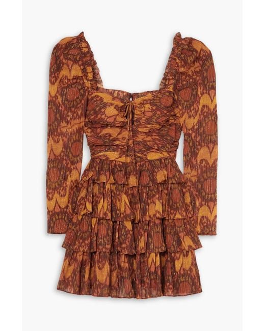 Ulla Johnson Brown Naiya Ruffled Metallic Printed Cotton-blend Crepon Mini Dress