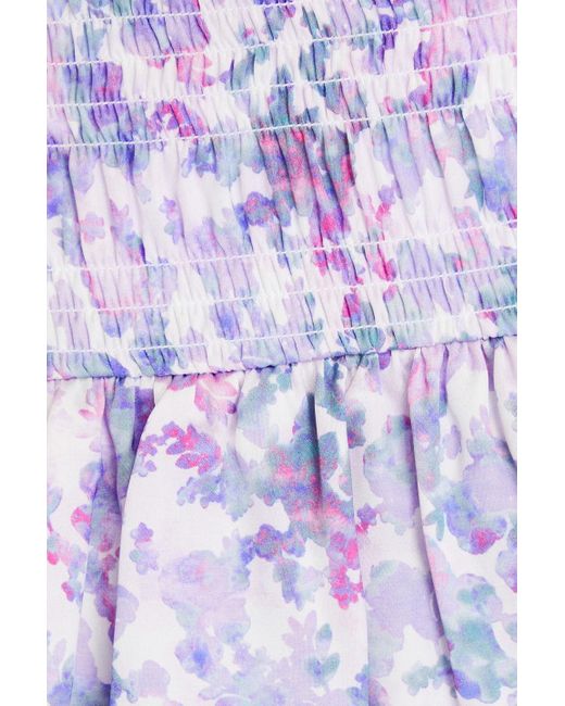 Maje Purple Ruffled Shirred Floral-print Satin Mini Skirt