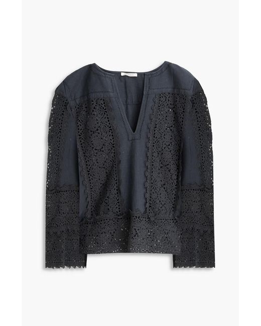 By Malene Birger Black Donna Macramé Lace-paneled Linen And Cotton-blend Blouse