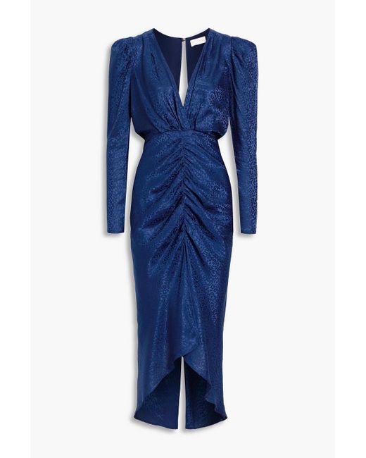 Ronny Kobo Blue Astrid Ruched Satin-jacquard Midi Dress