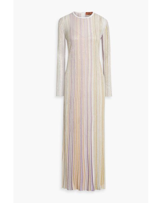 Missoni White Sequin-embellished Striped Ribbed-knit Maxi Dress