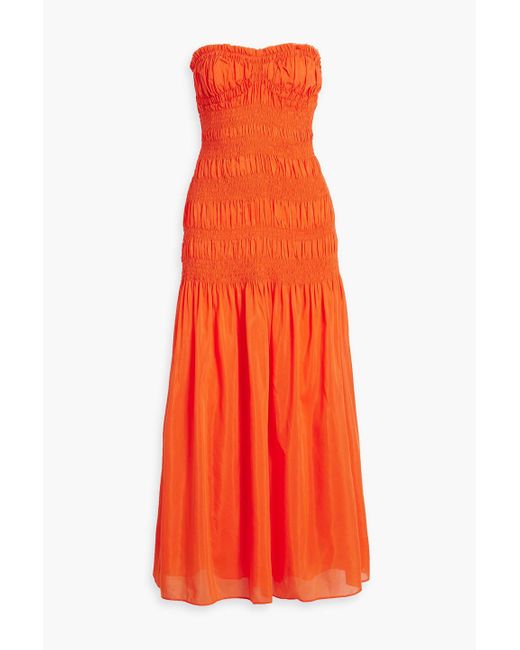 Nicholas Orange Kalli Strapless Shirred Cotton And Silk-blend Maxi Dress