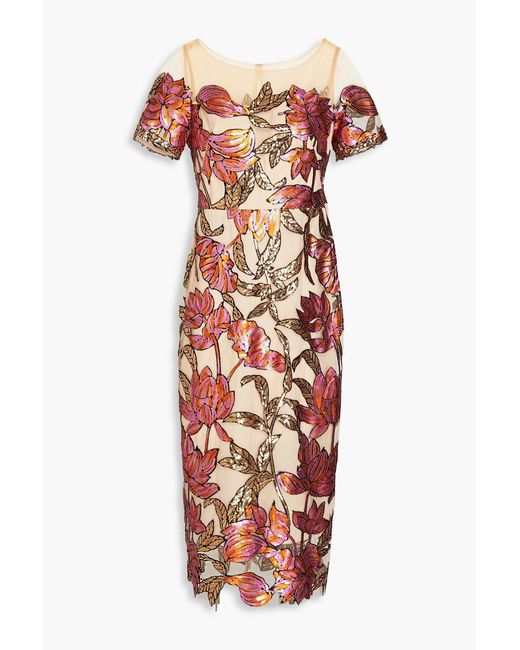 Marchesa Red Sequined Tulle Midi Dress