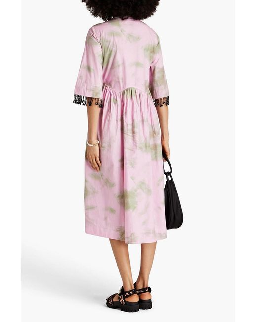 Ganni Pink Cherry Blossom Gathered Printed Cotton Wrap Dress
