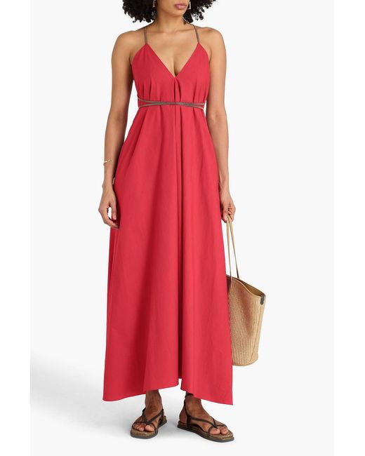 Brunello Cucinelli Red Bead-Embellished Cotton-Poplin Maxi Dress