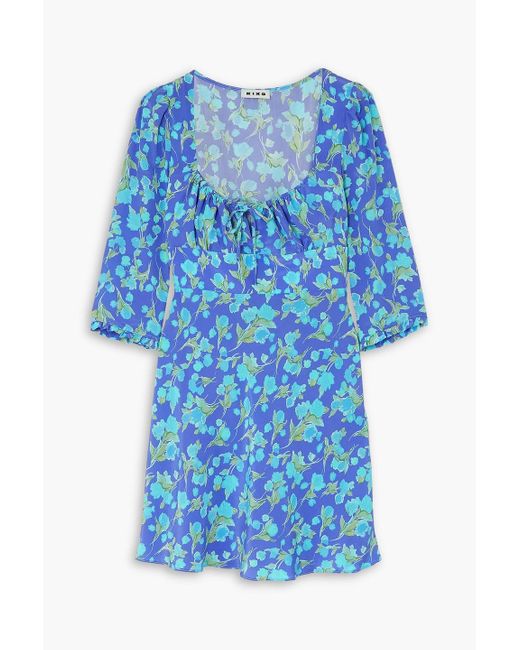 Rixo Blue Ruffled Floral-print Silk Crepe De Chine Mini Dress