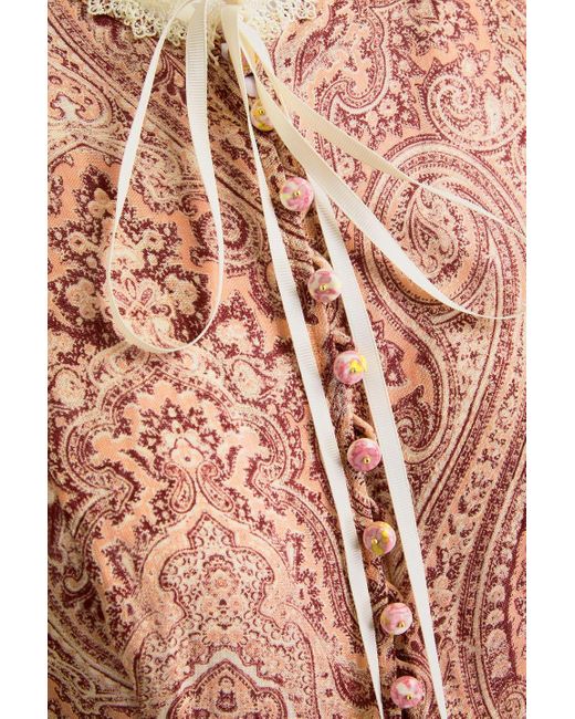 Zimmermann Pink Ruffled Button-detailed Paisley-print Linen Midi Dress