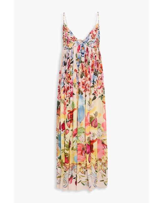 Farm Rio White Gathered Floral-print Georgette Midi Dress