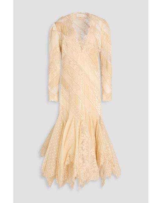 Zimmermann Natural Cotton-Blend Corded Lace, Organza And Devoré-Velvet Midi Dress