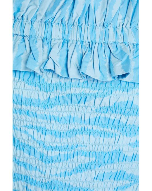 Ganni Blue Off-the-shoulder Ruffled Tiger-print Cotton-poplin Midi Dress