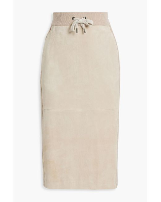 Brunello Cucinelli Natural Suede-paneled Ribbed Cashmere Midi Skirt