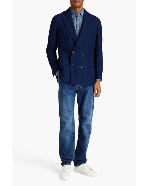 Canali Blue Double-breasted Ribbed Cotton Blazer for men