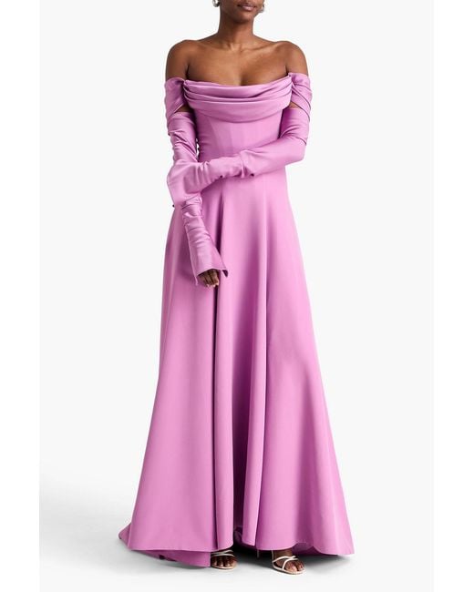 Rhea Costa Pink Raven Off-The-Shoulder Draped Satin-Trimmed Crepe Gown