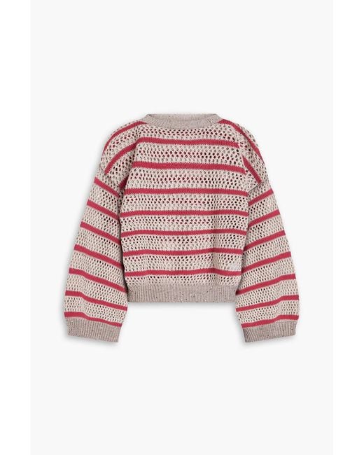 Brunello Cucinelli Red Cropped Embellished Striped Open-Knit Linen-Blend Sweater