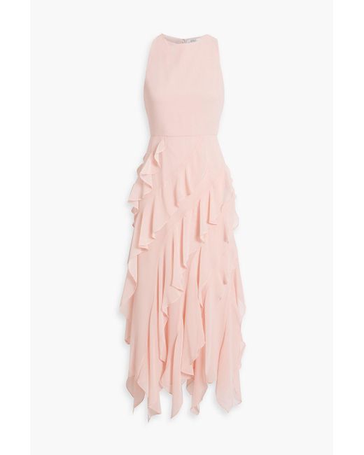 Badgley Mischka Pink Ruffled Chiffon Midi Dress