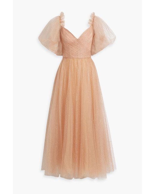 Monique Lhuillier Natural Glittered Tulle Midi Dress