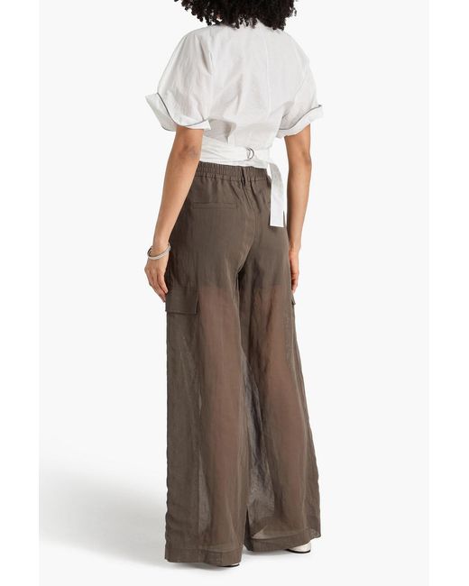 Brunello Cucinelli White Cropped Bead-Embellished Cotton-Blend Wrap Blouse