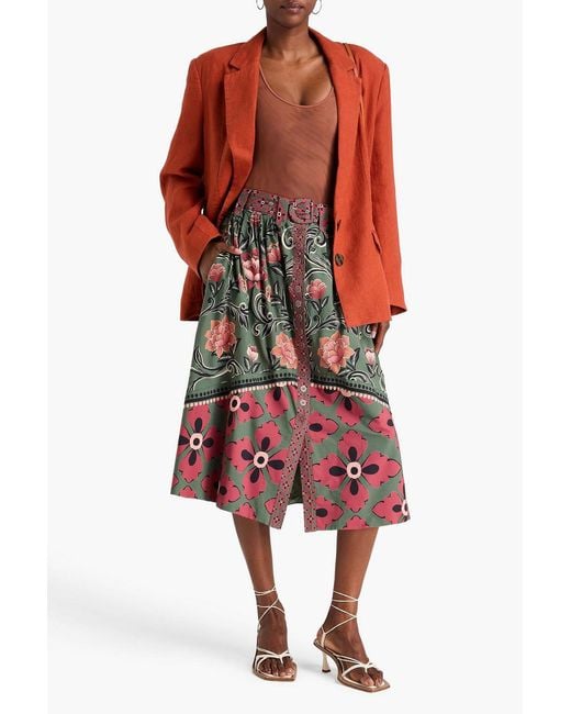 Farm Rio Red Belted Floral-print Cotton-poplin Midi Skirt