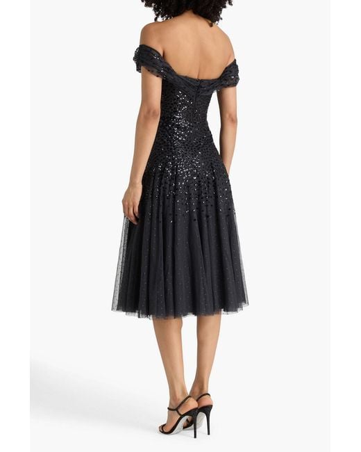 Needle & Thread Black Dappled Off-The-Shoulder Sequined Point D'Esprit Midi Dress