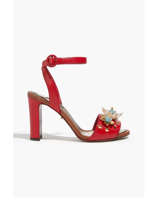 Dolce & Gabbana Red Embellished Lizard-effect Leather Sandals