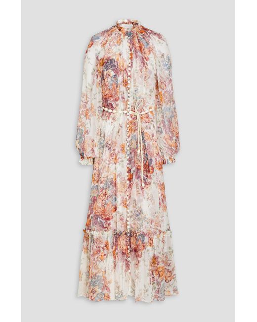 Zimmermann White Ruffled Floral-print Silk-crepon Midi Dress