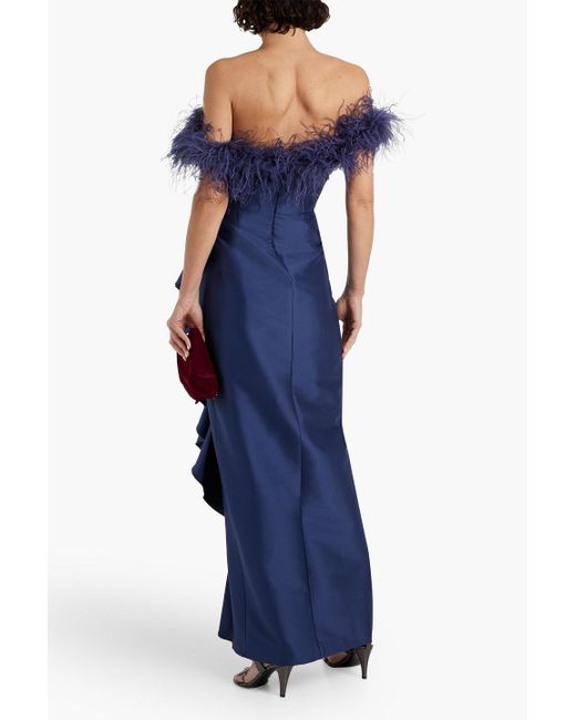 Badgley Mischka Blue Off-the-shoulder Feather-trimmed Ruffled Faille Gown