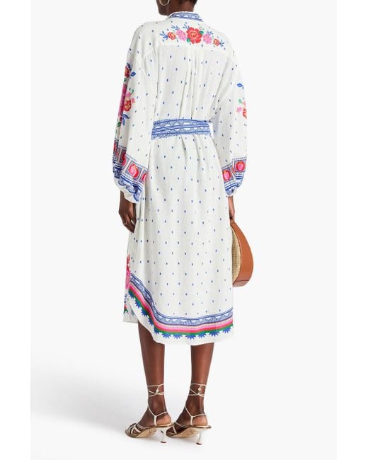 Farm Rio White Kaftan aus einer leinenmischung mit gürtel und floralem print