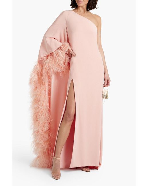 Monique Lhuillier Pink One-sleeve Feather-embellished Crepe Gown
