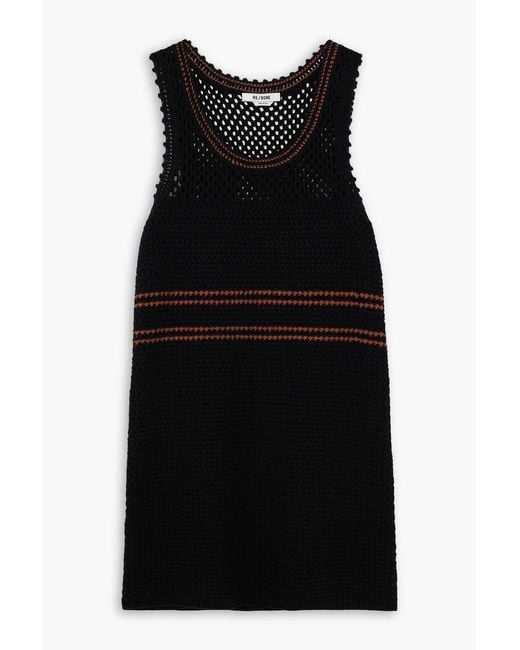 RE/DONE Women's Black Striped Crocheted Cotton Mini Dress
